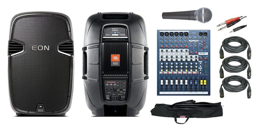 Two JBL EON speakers, a Soundcraft mixing desk and a Shure microphone